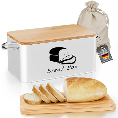 Mihoho Brödlåda i metall med skärbrädslock i bambu, brödförvaringsbehållare, modern köksorganisatör för surdeg, bröd och bröd (vit A)