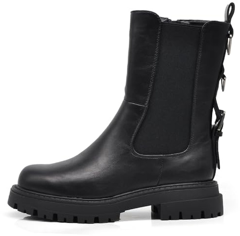 IF Stivali Biker Ciclista Stivaletti Chelsea Donna con Suola Spessa Chunky 3 Fibbie Posteriori MP2747-3 Nero N.38
