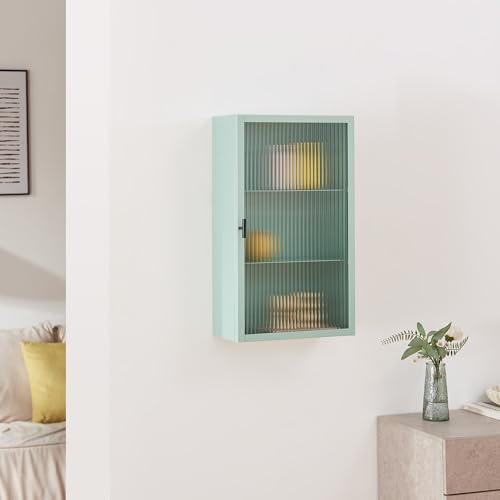 [en.casa] Hängeschrank Zundert mit Glastür 60x35x15 cm Stahl Mintgrün | Badezimmerschrank hängend, Medizinschrank, Wandschrank, Stahlschrank, geriffelte Glastür, für Badezimmer, Küche, Flur