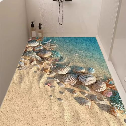 Pevfeciy Antirutschmatte Dusche 60X60 cm Wunderschöne Duschvorleger mit Muschelmuster PVC Luffa Material Weich rutschfest mit Ablaufloch für Duschkabine und Nassbereiche