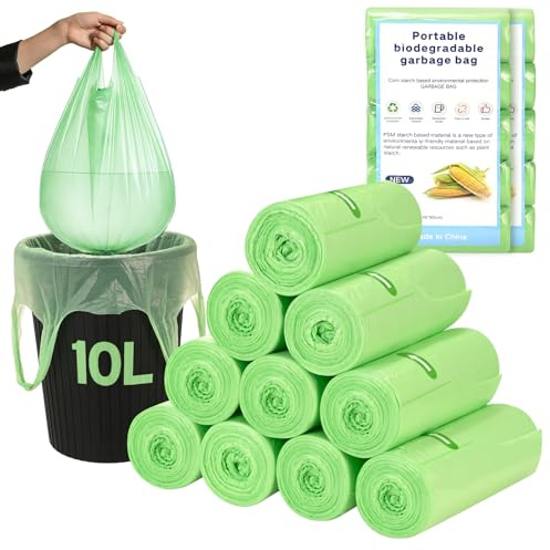 YOMKILU 200 stycken biologiskt nedbrytbara våtpåsar 10L, 10 rullar, 45 x 60 cm soppåsar med handtag, 9,8 L soppåsar för kök, kontor, vardagsrum, badrum, grön