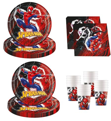 Procos - Spiderman World of Webs Decoración de cumpleaños, 52 piezas, platos de cartón, vasos y servilletas para fiestas infantiles, vajilla de fiesta
