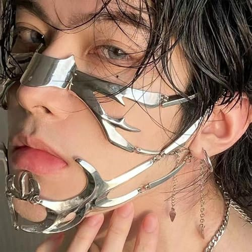 AUSTUFF Maschera Cyberpunk unisex in acciaio argentato liquido mezza maschera per Halloween Cyber Punk maschera in maschera per uomini donne Halloween feste costumi accessori