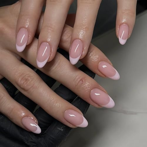 French Stick on Nails - 24PCS Short False Nails French Tip - Pink Press on nails Almond - Strong Fake Nails with Glue - Durable Acrylic Nail Tips Glue on nails for Women DIY Elegant & Natural Manicure