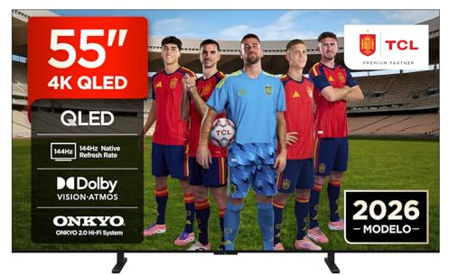 TCL 55A400 55 Pulgadas QLED 4K HDR10+ Smart TV, Diseño Ultrafino | Panel HVA, Dolby Vision & Atmos, Sonido Onkyo 2.0, 144Hz VRR, Google Cast, Apple AirPlay 2