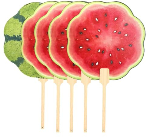 Handhållen rund fläkt – 6,7 tums vattenmelon pappersfläkt | 5 delar bärbara kylande handfläktar – Pp frukttryck sommarfest rekvisita resa camping tillbehör för utomhus värmeavlastning