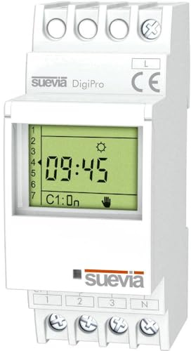 Suevia DigiPro Zeitschaltuhr für Schiene, 1 Stück, Kontaktspannung (max.): 250 V/AC, Schaltstrom (max.): 16 A, 1 Wechselrichter (RT) Programm