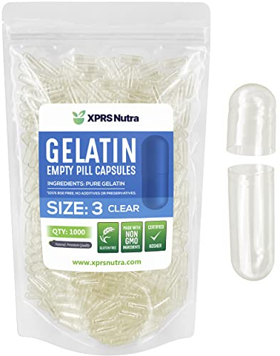 XPRS Nutra Size 3 Empty Capsules - 1000 Count Empty Gelatin Capsules - Pills DIY Capsule Filling - Clear Pure Bovine Pill Gel Cap Fillable for Do-It-Yourself Vitamins and Supplements