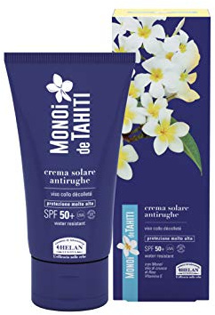 Helan, Monoi De Tahiti, Crema Solar 50+, Crema Solar Facial 50+ contra Quemaduras - Crema Hidratante Corporal con Vitamina E - Crema Antiarrugas y Contorno de Ojos Antiarrugas Mujer - 75 ml