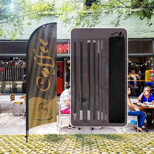 QSUM Coffee-Federflagge,8FT Coffee-Werbe-Swooper-Flagge mit Stangen-Set, Erdspieß,Coffee-Schilder für Unternehmen und Schaufenster(Stil 1)