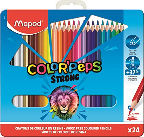 Maped - Strong Color'Peps färgpennor - 24 ultra-starka och ergonomiska färgpennor - metalllåda med 24 hartspennor