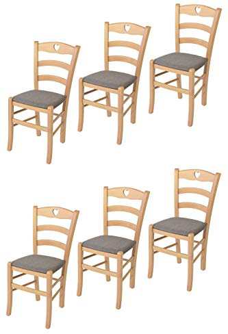 t m c s Tommychairs - Set 6 Chaises Cuore pour Cuisine, Bar et Salle à Manger, Robuste Structure en Bois de hêtre peindré en Natural et Assise rembourrée et revêtue en Tissu Couleur Chevreuil