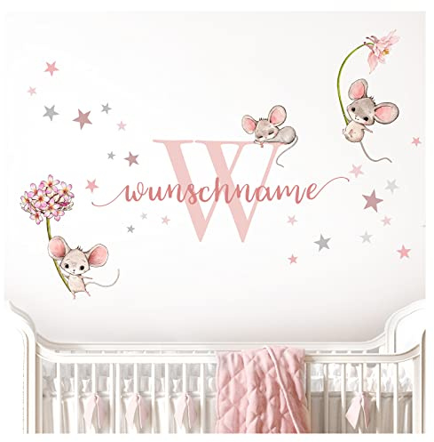 Little Deco Wandtattoo Mäuse & Wunschname I Wandbild 81 x 38 cm (BxH) I Kinderzimmer Babyzimmer Wandaufkleber Sterne Wandsticker Aufkleber Mädchenzimmer Blumen DL751