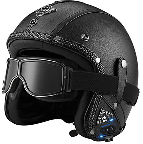Bluetooth Motorradhelm mit ECE, Jethelm Retro Halbschalenhelm Motorradhalbhelm mit Schutzbrille, Chopper Helm Scooter-Helm Offenem Helm, mit Sonnenblende Herausnehmbares Futter N,S