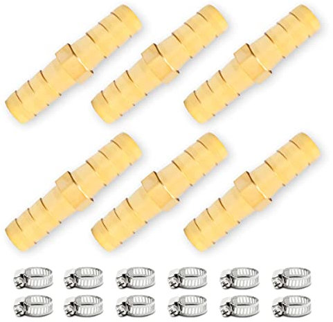 Bwintech 6 pcs Hose Barb Fittings, 8mm 2 Way Straight Brass Barb Connector with 12 Clamps