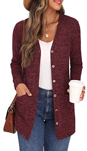 GRECERELLE Womens Cardigan Long Sleeve Open Front Cardigans Button Down V Neck Ribbed Knit Lightweight Outerwear with Pocket (Wine Red, L)