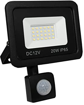 LOWENERGIE 12V DC LED Floodlight, IP65 Outdoor Security Light with PIR Motion Sensor, 10W-50W Garden Solar Flood Lamp, Black (6000K - Day White, 20w PIR)