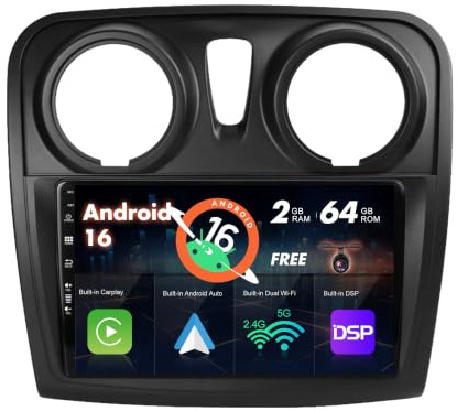 BXLIYER Android 16 IPS Autoradio Per Dacia - Sandero (2012-2017) - 2G+64G - Senza fili Carplay & Android Auto - GRATUITI Telecamera - DSP DAB Fast-boot Volante WIFI 4G Split-Screen - 2 Din 9 Pollici