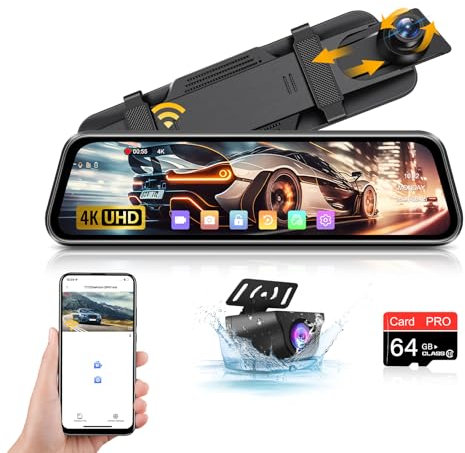 4K Mirror Dash Cam Front and Rear 10 IPS Full Touch Screen Rear View Mirror Dash Cam with 64G SD Card Adjustable Reverse Line IP69 Waterproof Dashcam Camera with WDR Type-C Charge Port 10M Cable