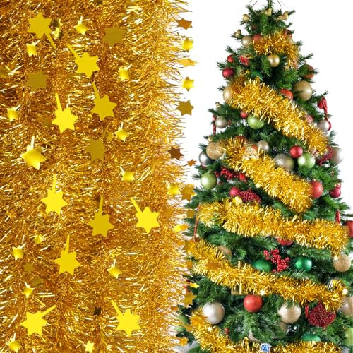 2m*6pcs Espumillón Dorado Árbol Navidad con Estrellas Guirnalda Oropel Navidad Dorado para Decoración Navidad Ventana Pared Adornos Navideños