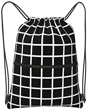 SJOAOAA Drawstring Bag Black And White Plaid Illusion Drawstring Zipper Backpack Water Resistant String Bag Sports Sackpack Gym Sack With Side Pocket For Men Women