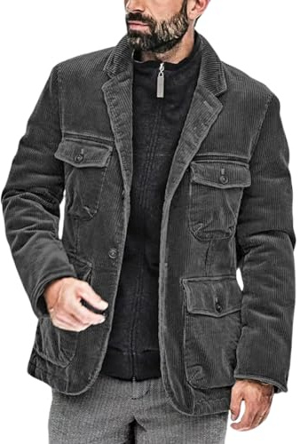 chouyatou Men's Vintage Corduroy Notched Lapel Button Down Business Blazer Jacket Sport Coat (Medium, Dark Gray)