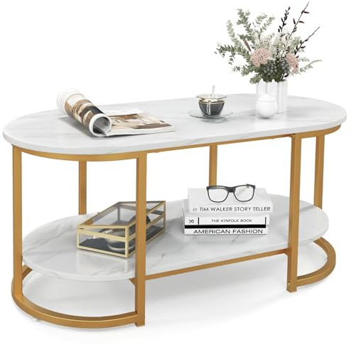 CASART Faux Marble Coffee Table, 2-Tier Center Table with Wide Tabletop & Open Shelf, Metal Frame Accent Coffee Tables for Living Room Bedroom Office (White + Gold)