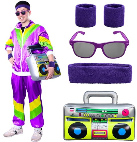 Alaiyaky 80er Jahre Outfit Set, 90er Jahre Outfit Damen Herren 80er Trainingsanzug mit Jacke Hose Schweißbänder Brille Aufblasbarer Ghettoblaster, Bad Taste Outfit für Karneval Mottoparty (Lila, M)