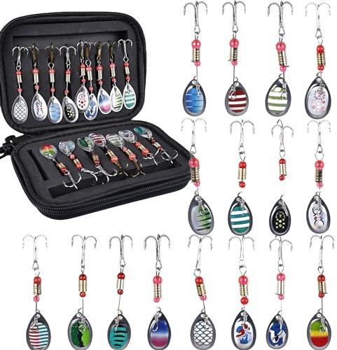 Forellenköder, 16 Stücke Angelzubehör, Pailletten Kunstköder, Angelköder Spinner Set, Angelköder Set, Angel Zubehör Mit Angehen Box, Angelhaken Kit für Barsch, Zander, Lachs, Forelle, Walleye