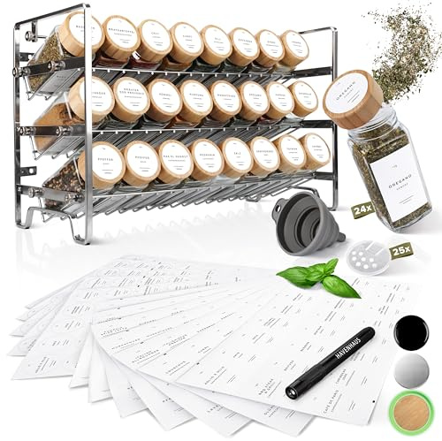 Havenhaus Gewürzregal Set | Stehend oder Wandmontage | 24 Gewürzgläser eckig [120ml] + 336 Gewürzetiketten deutsch & Accessoires | Gewürzstreuer Modernes Design | Gewürzbehälter, Gewürz Organizer
