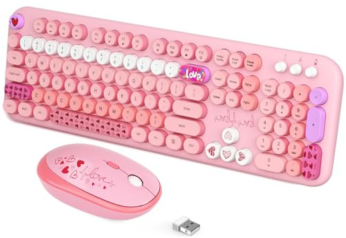 Combo de teclado y mouse inalámbricos, 104 teclas redondas de tamaño completo, lindo teclado y mouse inalámbricos rosa con máquina de escribir retro para