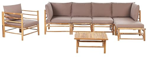 Modulär Hörnsoffgrupp i 7 delar Trädgård 5-sits med Fåtölj och Soffbord Bambu Naturliga Kuddar Taupe Cerreto