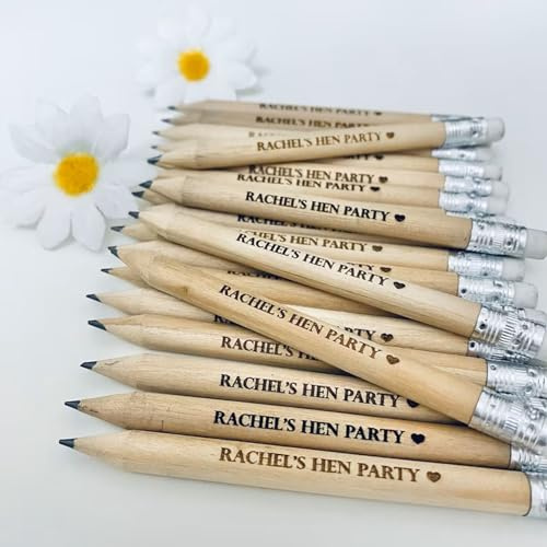 mxn Holzstifte, personalisierbar, mit Gravur, personalisierbar, Schuldekor, Stift mit Gummi, Hochzeitsgeschenk, Babyparty, Party, 10 cm (50p)