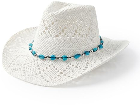 Michear Cowboyhut aus Stroh für Damen, Western-Cowgirl-Hut, Cowgirl-Hut mit Perlenbesatz und formbarer Krempe, weiß, Einheitsgröße