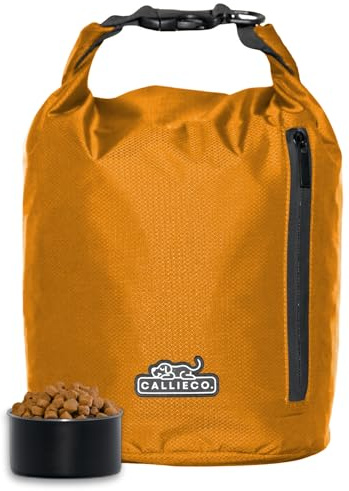 Callieco Dog Food Travel Bag w/ 1 Cup Scoop and Zipper Side Pocket | Waterproof Kibble Storage Container for Home, Road Trips, Camping, Boarding and More (Orange, 32 Cups)