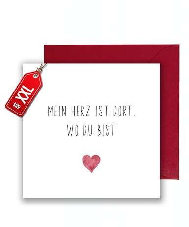 WBdesignz XXL Liebeskarte „Mein Herz ist dort, wo du bist“ mit Umschlag – minimalistische Karte mit Herz - Vermissen Karte - Geschenkkarte Freund Fernbeziehung - Jahrestag Valentinstag (21 x 21 cm)