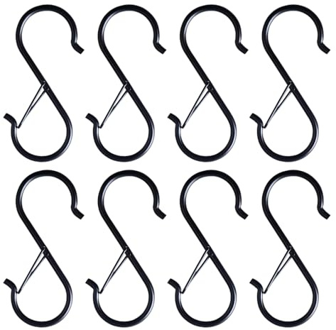YAISUHCHNYE 8 Pack S Hooks for Hanging Heavy Duty S Shaped Metal Hooks with Safety Buckle Design Durable Large Kitchen Hooks for Hanging Plants Lights Kitchenware Pans Pots Utensils Clothes (Black)