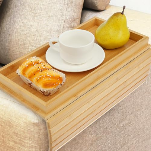 Bamboo Sofa Arm Tray Table Couch Arm Tray Folding Sofa Armchair Caddy Table Antislip Couch Cup Holder Stable Sofas Snack Trays for Drinks Cellphone TV Remote Snacks Magazine