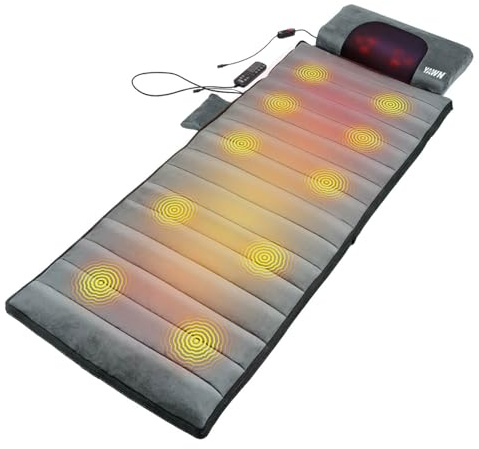 YAWN AIR Colchón eléctrico de remedio de masaje grande – Almohadilla térmica 3 en 1, Shiatsu y terapia vibracional – con almohada ergonómica desmontable para el cuello – 10 motores vibratorios y 6