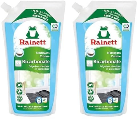RAINETT - Nettoyant & Dégraissant Cuisine au Bicarbonate - Haute Efficacité Dégraissante & Désincrustante - Poche 100% Recyclable - Ecolabel - Eco-Recharge 1 L (Lot de 2)