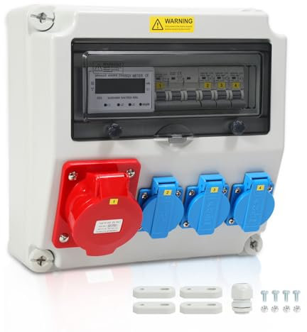 Randaco Distribuidor de pared con contador de electricidad de 3 fases y MCB, distribuidor de corriente de construcción de 5 polos con 3 enchufes Schuko y enchufe CEE de 32 A, para interior y exterior