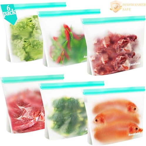 ReaGold Sacchetti Freezer Riutilizzabili, 6 Pezzi Sacchetti Alimenti Richiudibili, Sacchetti in Silicone Senza BPA, Sacchetti Sandwich Riutilizzabili, Sacchetti per Freezer per Frutta, Verdura, Carne