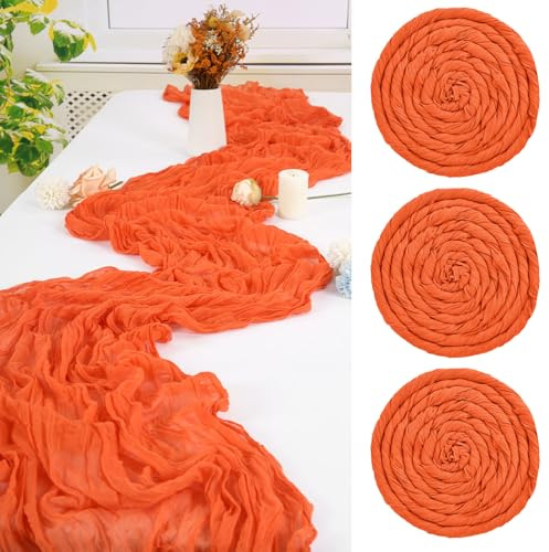 FXKS Lot de 3 Chemins de Table en Gaze Orange 55 x 300 cm pour Mariage | Gaze Légère Effet Froissé, Style Rustique Bohème, Pour Mariage, Réception, Banquet et Décoration de Table