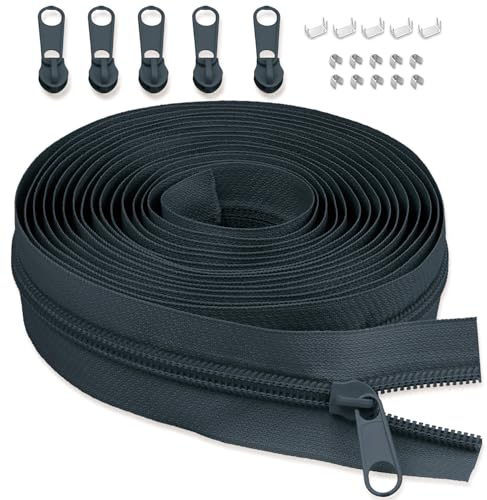 LHZHLE 5mm Endlosreißverschluss Mit Zipper: 3.65m Dunkelgrau Nylon Reissverschluss - Meterware mit 5 Reißverschlusszügen für Nähen Bettwäsche und Kopfkissen