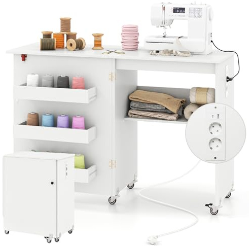 RELAX4LIFE 2 in 1 Nähtisch, Nähmaschinenschrank klappbar mit Ladestation, Nähschrank aus Holz mit Regalen, Nähmaschinentisch auf Rollen für Wohnzimmer & Schlafzimmer & Arbeitszimmer (Weiß)