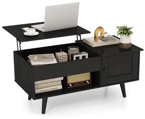 COSTWAY Lift Up Top Coffee Table, Wooden Lifting Cocktail Center Table with Hidden Storage, Door Cabinet and Open Shelf, Rectangle Sofa Side Tea Table for Living Room (Backward Top, Black)