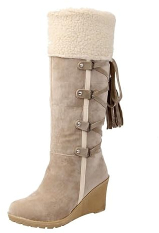 Snökängor for kvinnor Vinterimitering i mocka med fuskpäls, rund tå, varma, grova cowgirlknähöga stövlar, halvhöga vadstövlar snöstövlar(Beige,40)