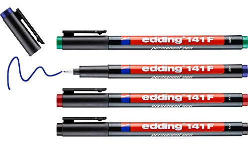 edding 141 F Permanenter Folienschreiber - 4er-Set - 4 Farben - Rundspitze 0,6mm - zum Schreiben auf Glas Kunststoff Folien und glatten Oberflächen - permanent schnelltrocknend wisch- und wasserfest