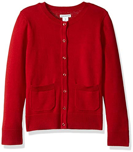 Amazon Essentials Girls' Slim-Fit Crewneck Cardigan Jumper, Red, 9 Years