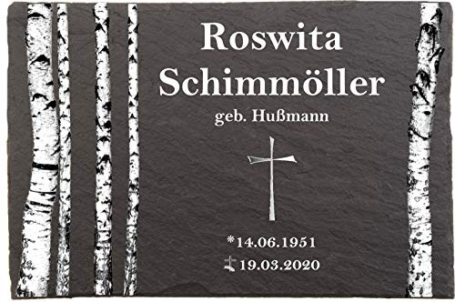 Grabsteine Birken mit Kreuz, Grabstein, Grabplatten mit personalisierter Lasergravur, 30cm x 20cm 100% witterungsbeständig, Naturschieferstein